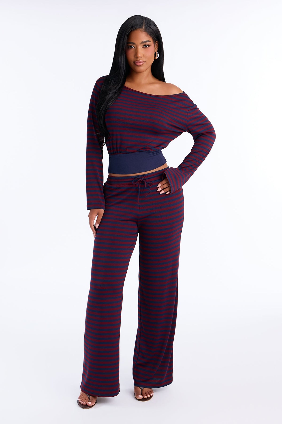 Isabella Off Shoulder Striped Pant Set - Navy/combo