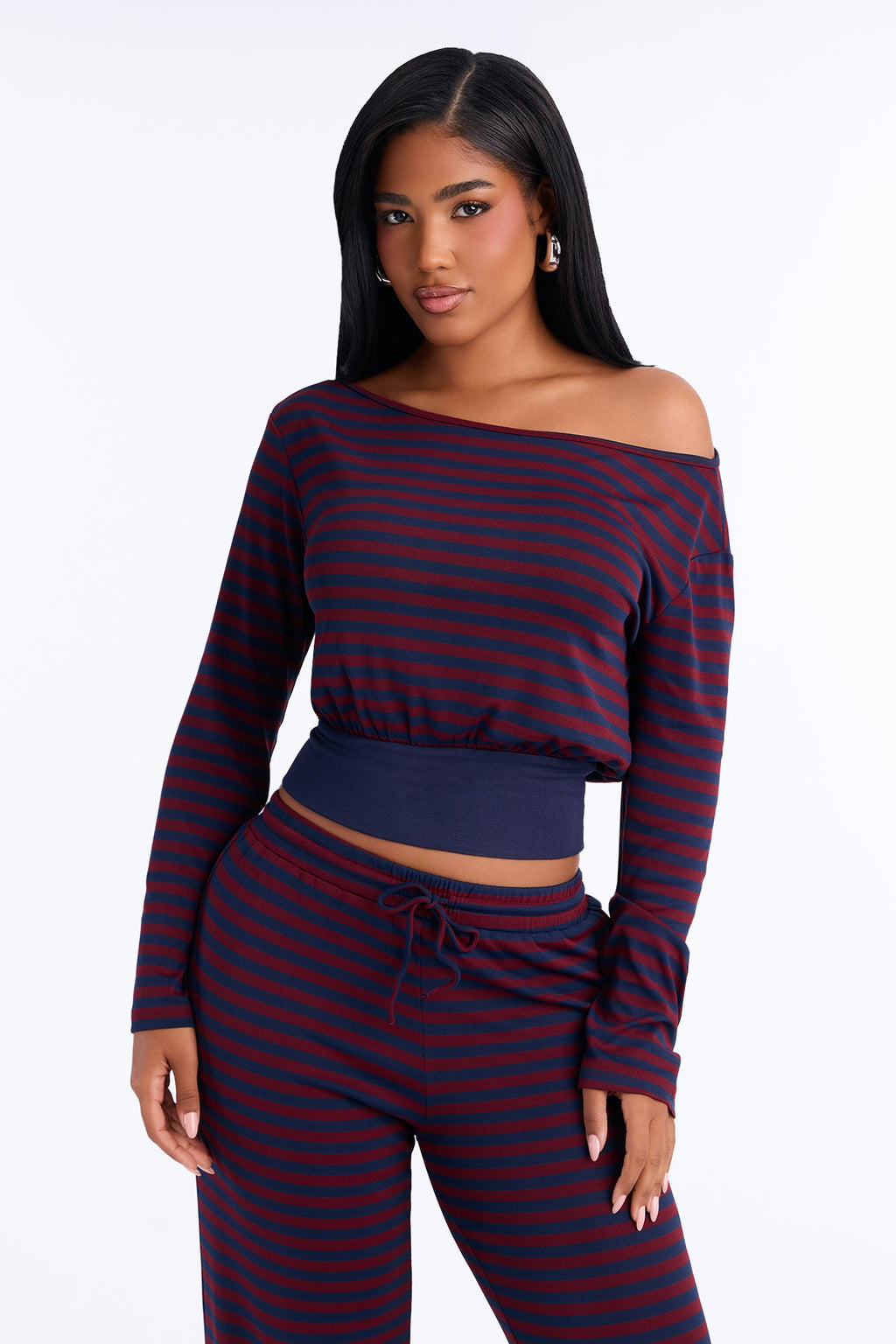 Isabella Off Shoulder Striped Pant Set - Navy/combo