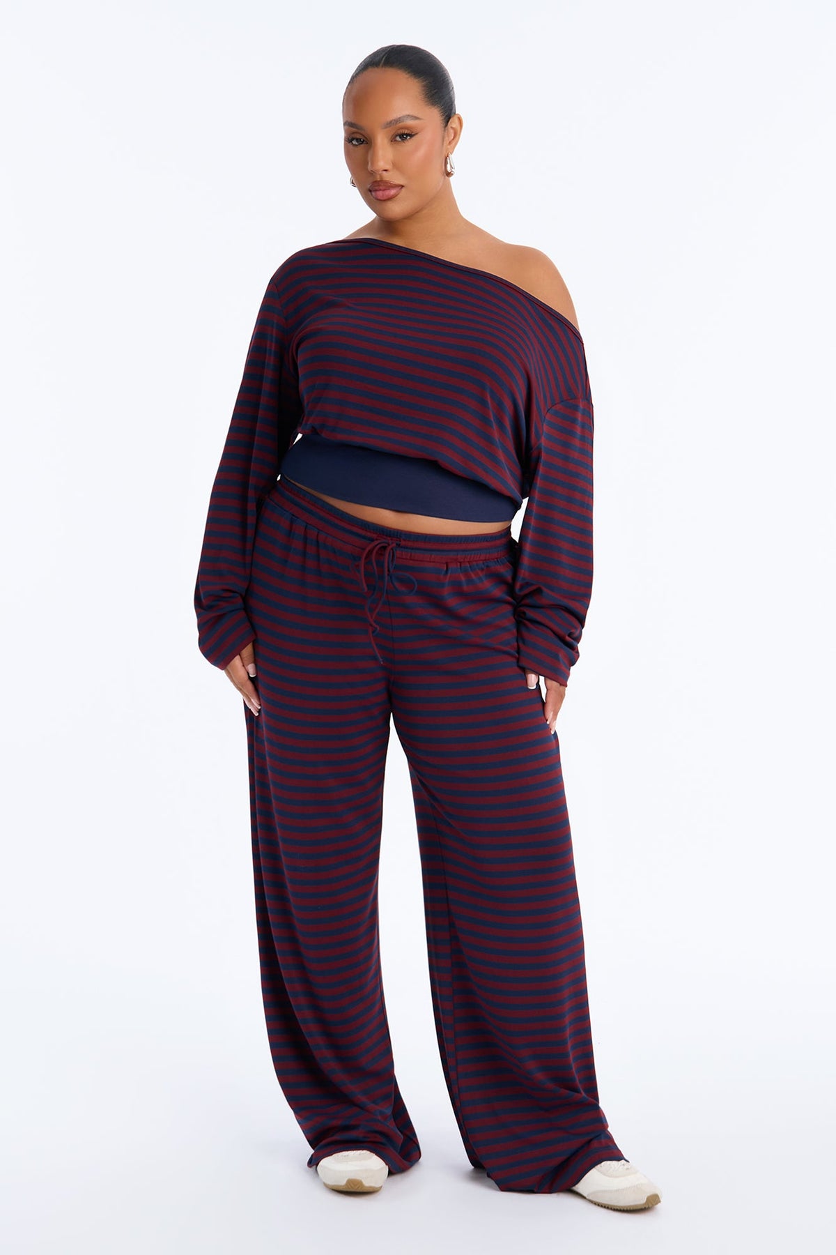 Isabella Off Shoulder Striped Pant Set - Navy/combo