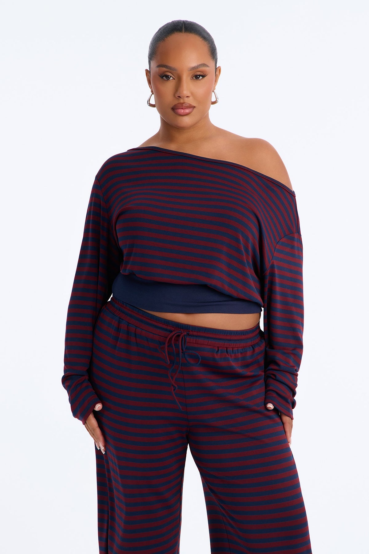 Isabella Off Shoulder Striped Pant Set - Navy/combo