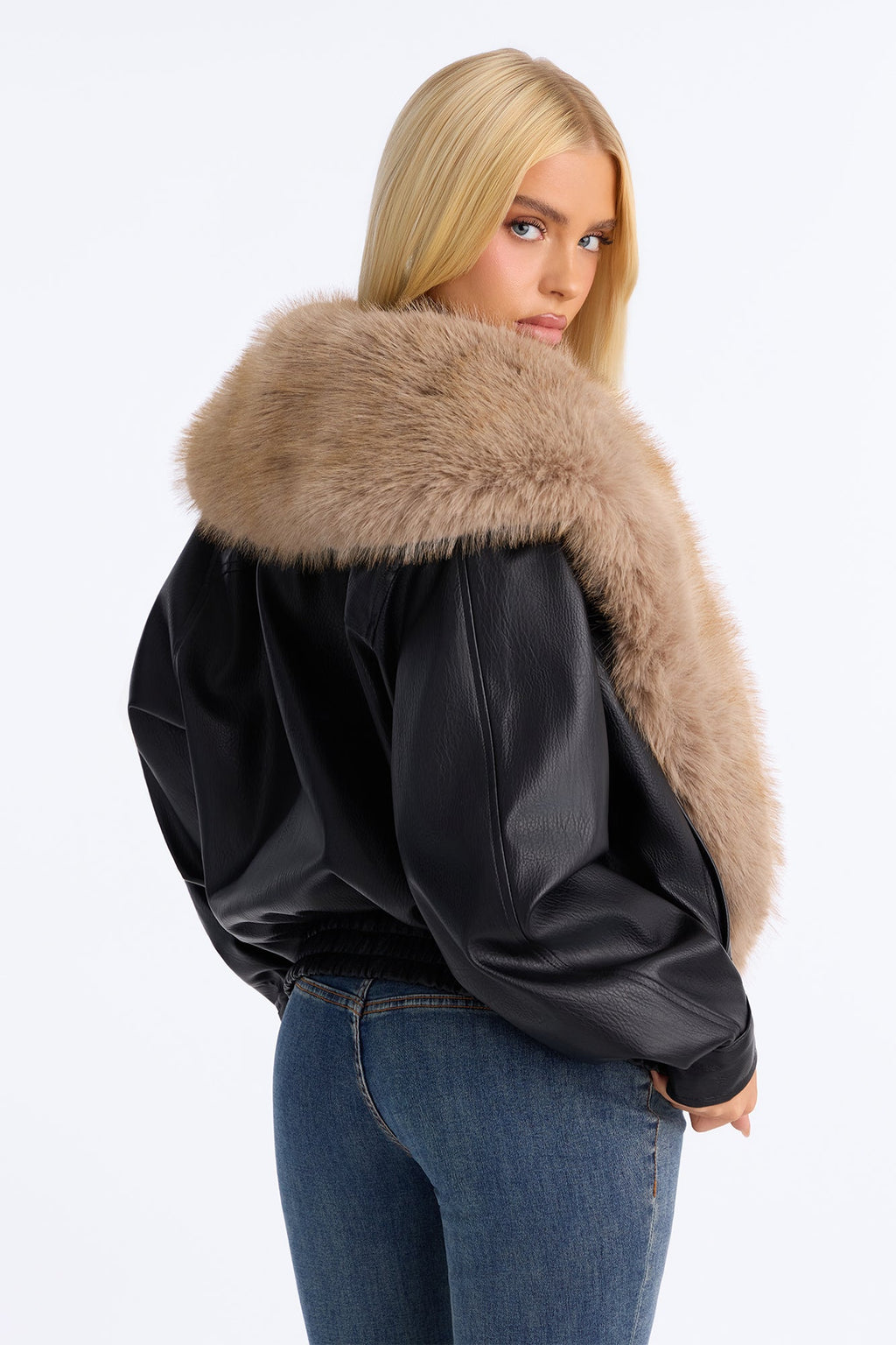 Aspen Fur Shawl Collar Faux Leather Coat - Black