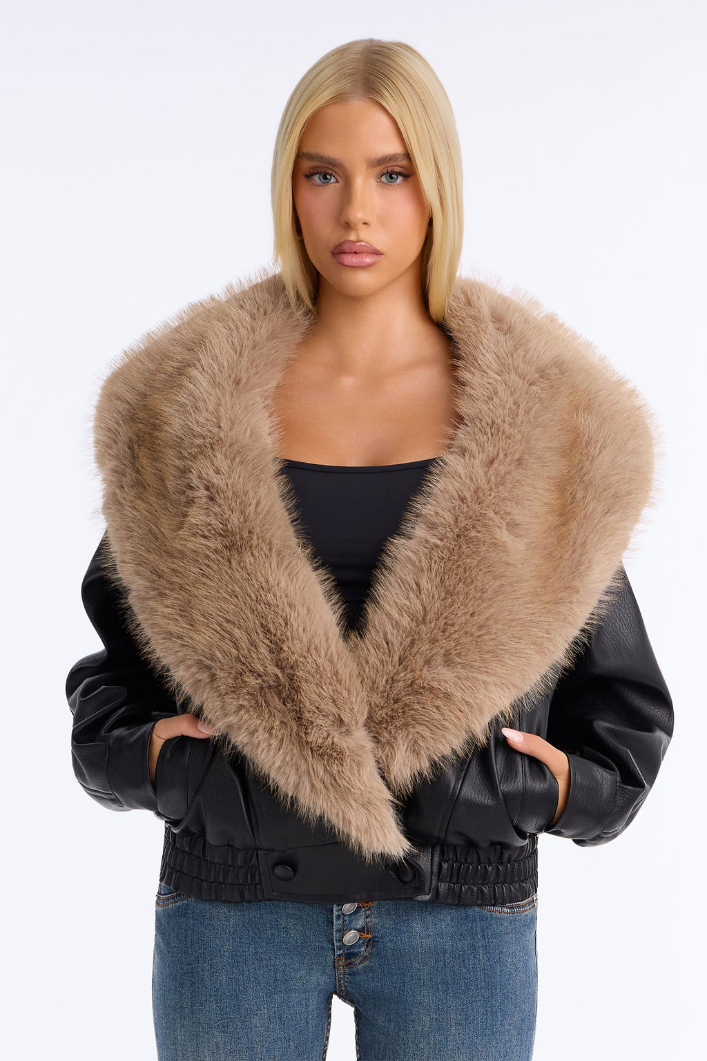 Aspen Fur Shawl Collar Faux Leather Coat - Black