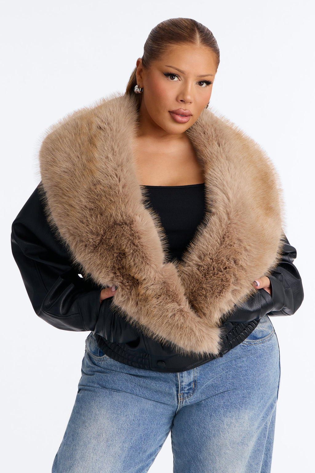 Aspen Fur Shawl Collar Faux Leather Coat - Black