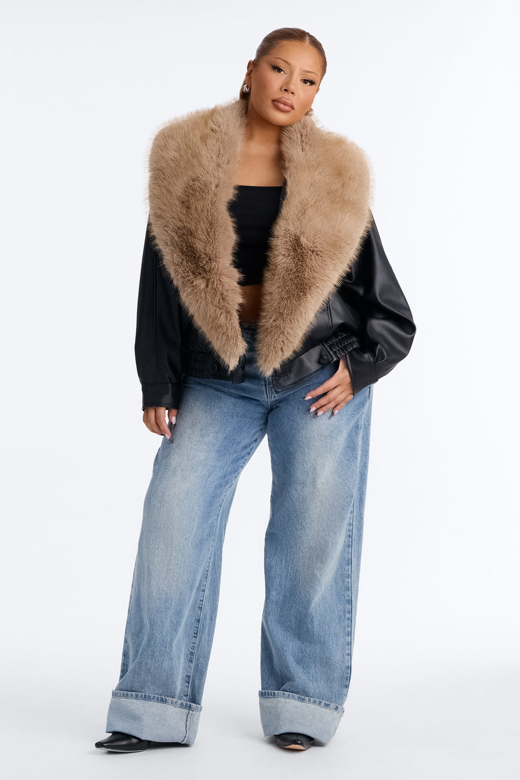 Aspen Fur Shawl Collar Faux Leather Coat - Black