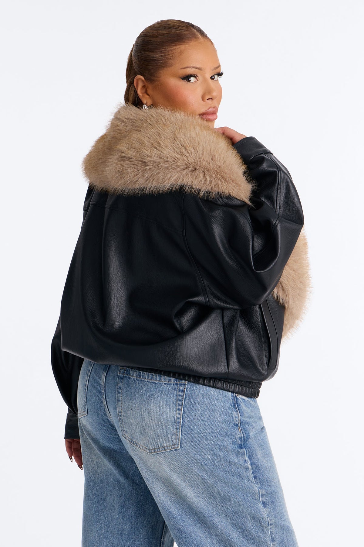 Aspen Fur Shawl Collar Faux Leather Coat - Black