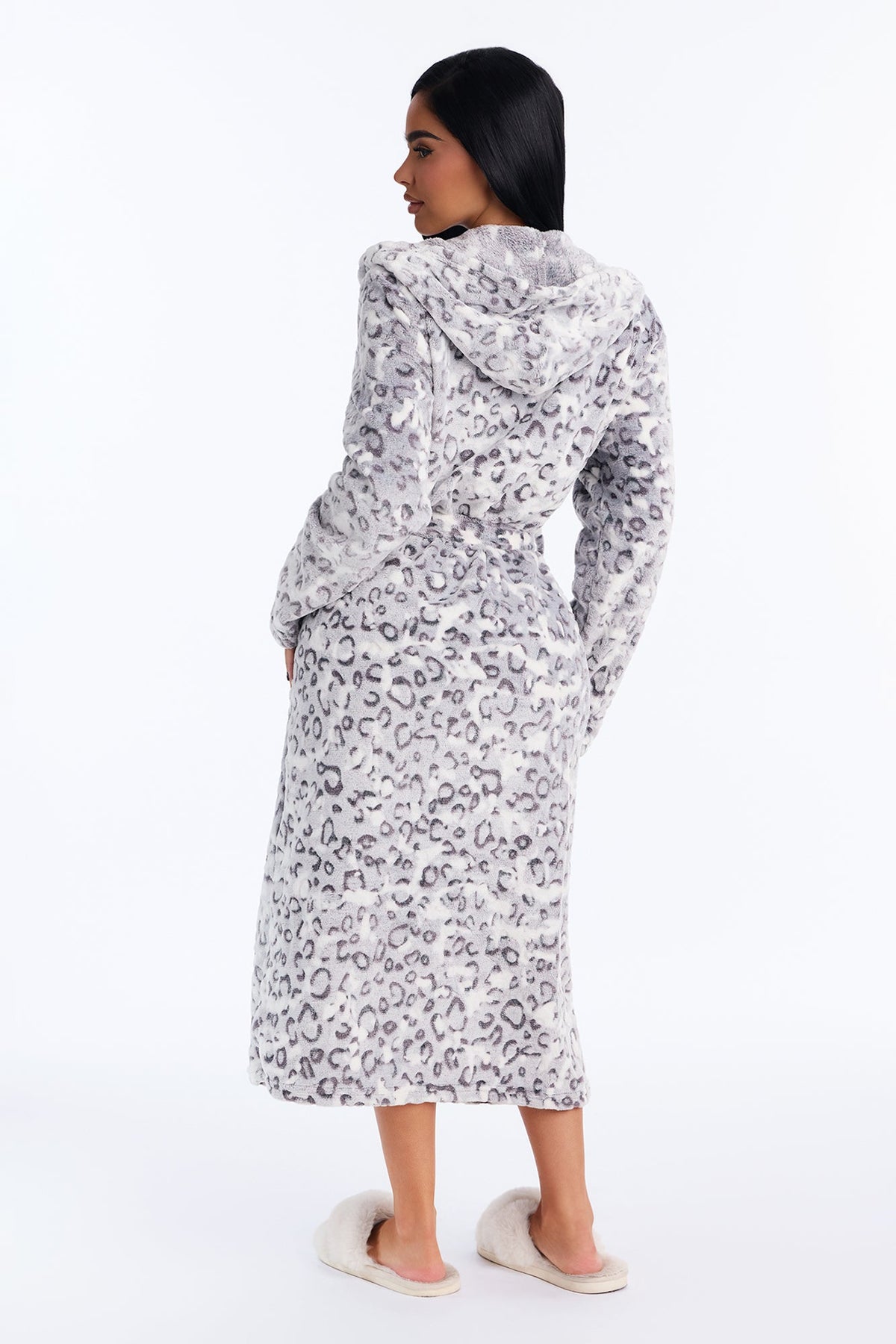Wild Chic Leopard Plush Hooded Robe - White/combo