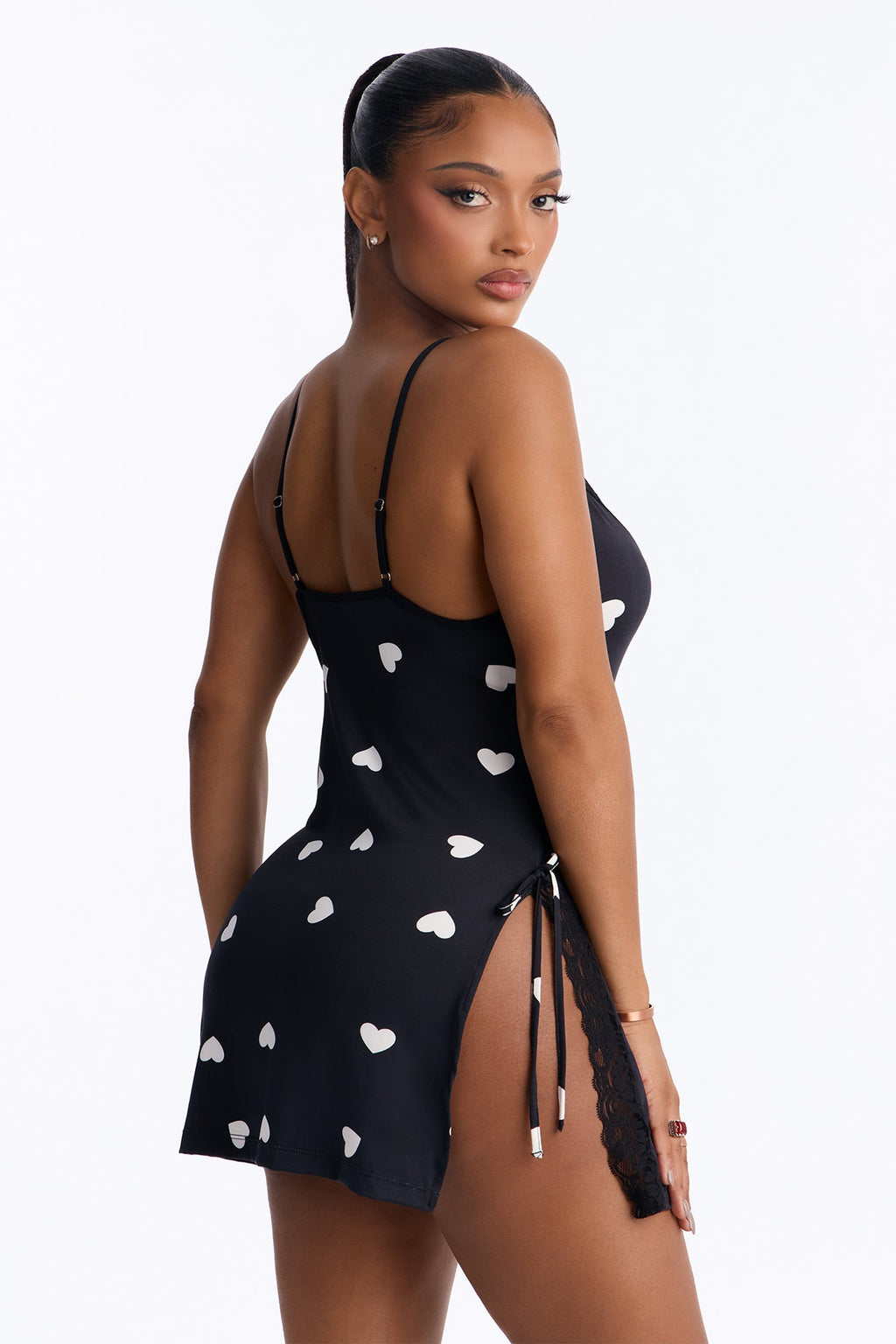 Heart Of The Night Slip Lace Trim Side Slit Satin Babydoll - Black