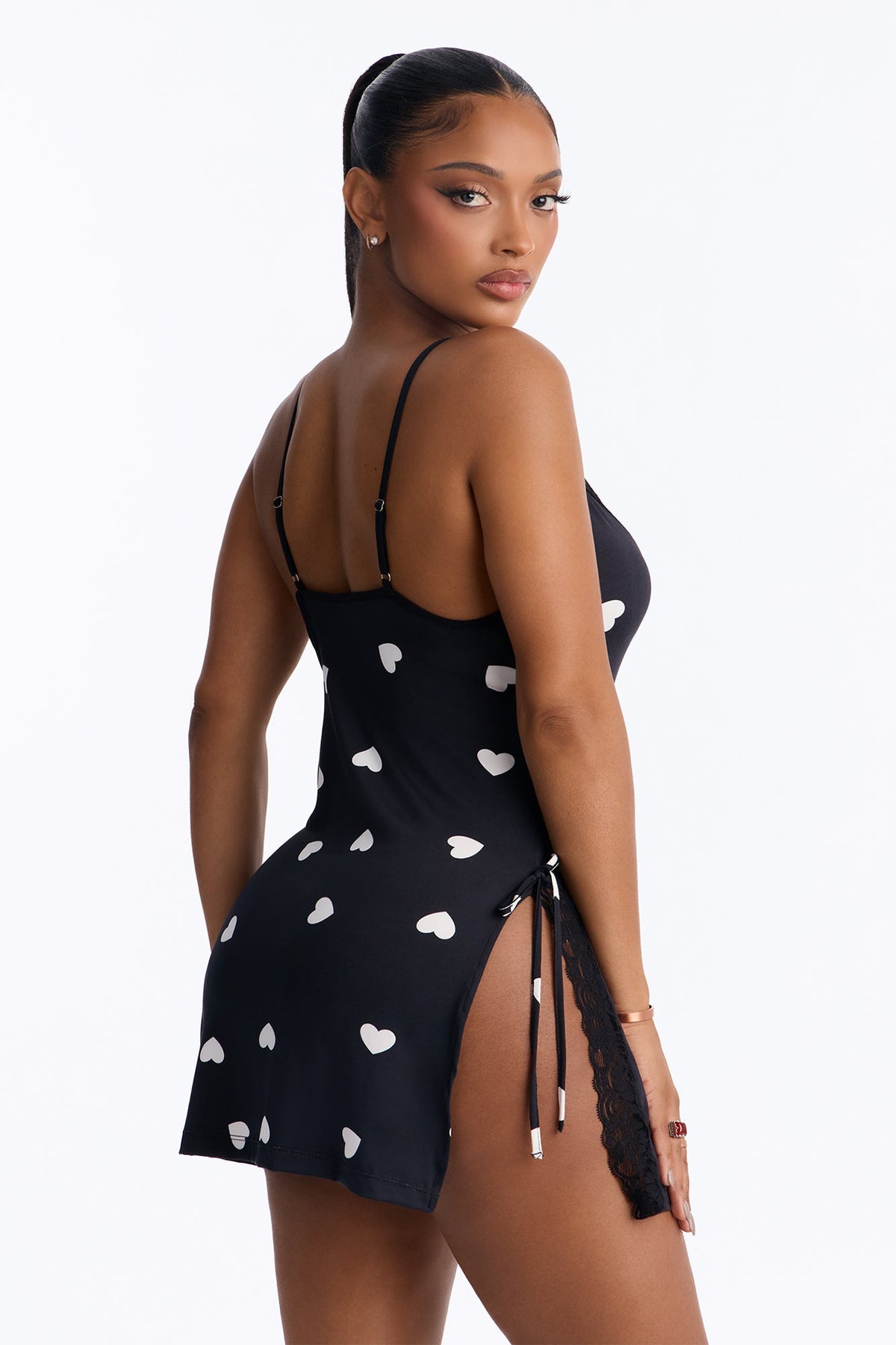 Heart Of The Night Slip Lace Trim Side Slit Satin Babydoll - Black