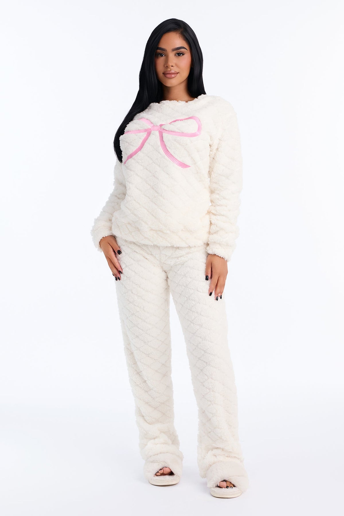 Keep Me Cozy Heavy Textured Sherpa PJ Pant Set - Cream/combo