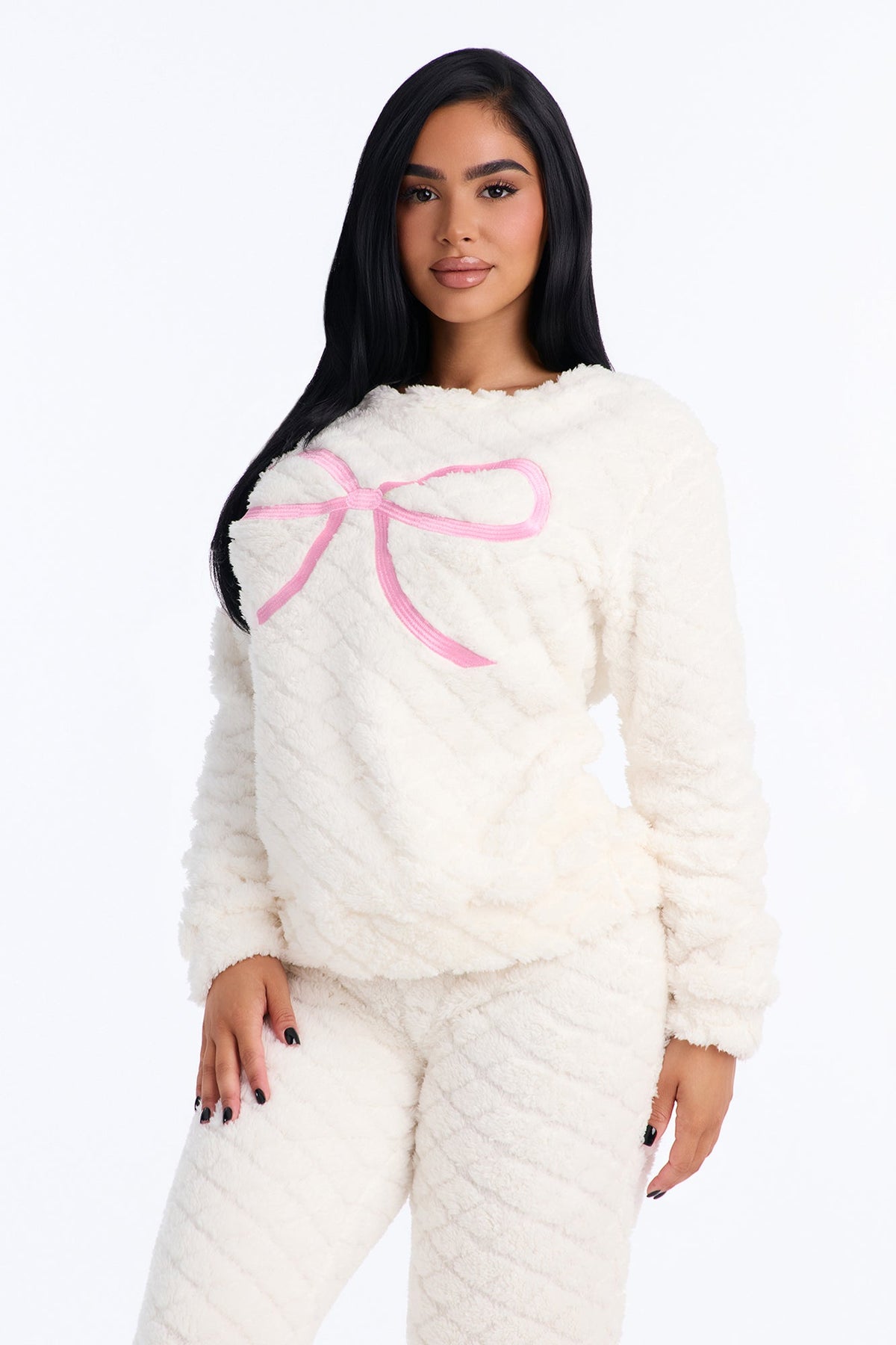 Keep Me Cozy Heavy Textured Sherpa PJ Pant Set - Cream/combo