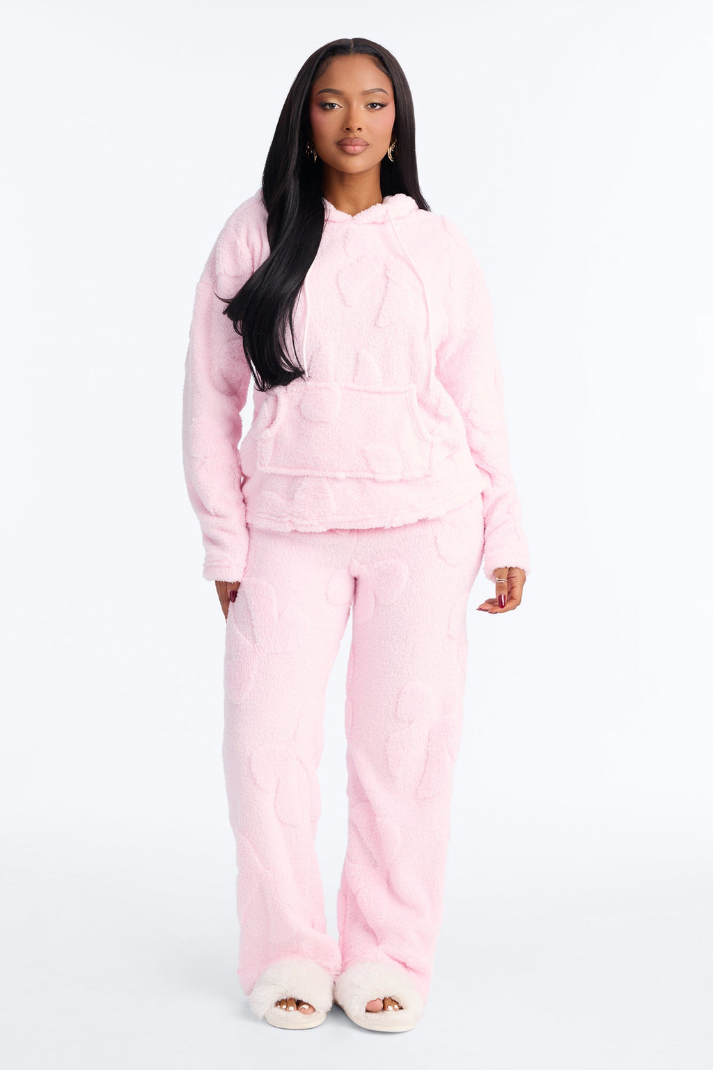 Soft Era Textured Sherpa Hooded PJ Pant Set - Pink