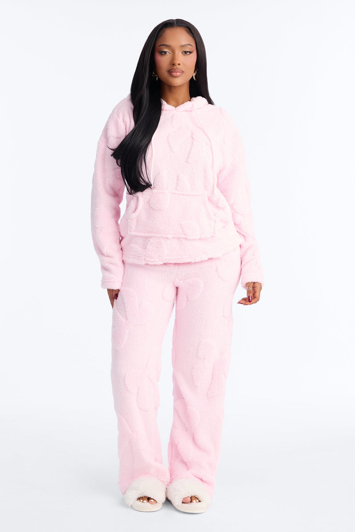 Soft Era Textured Sherpa Hooded PJ Pant Set - Pink
