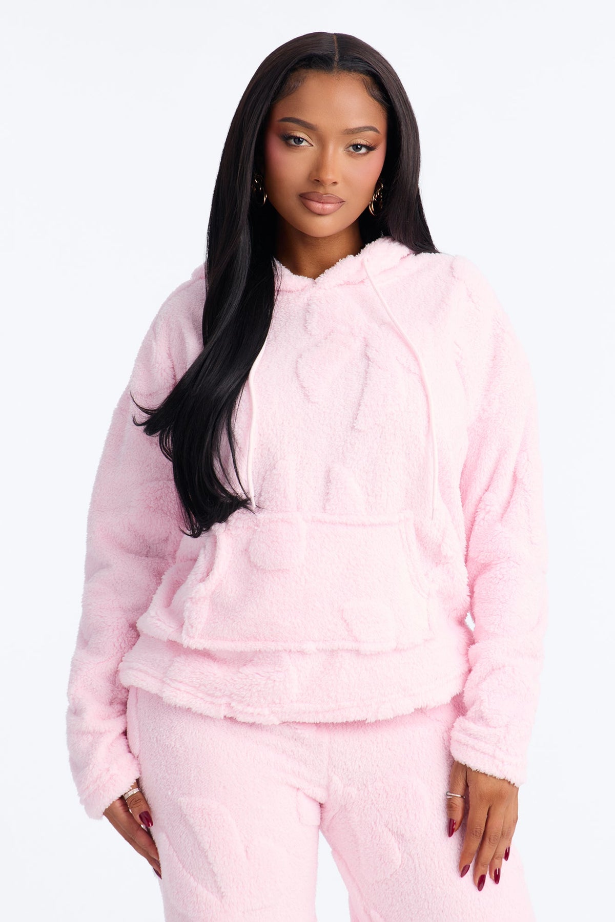 Soft Era Textured Sherpa Hooded PJ Pant Set - Pink