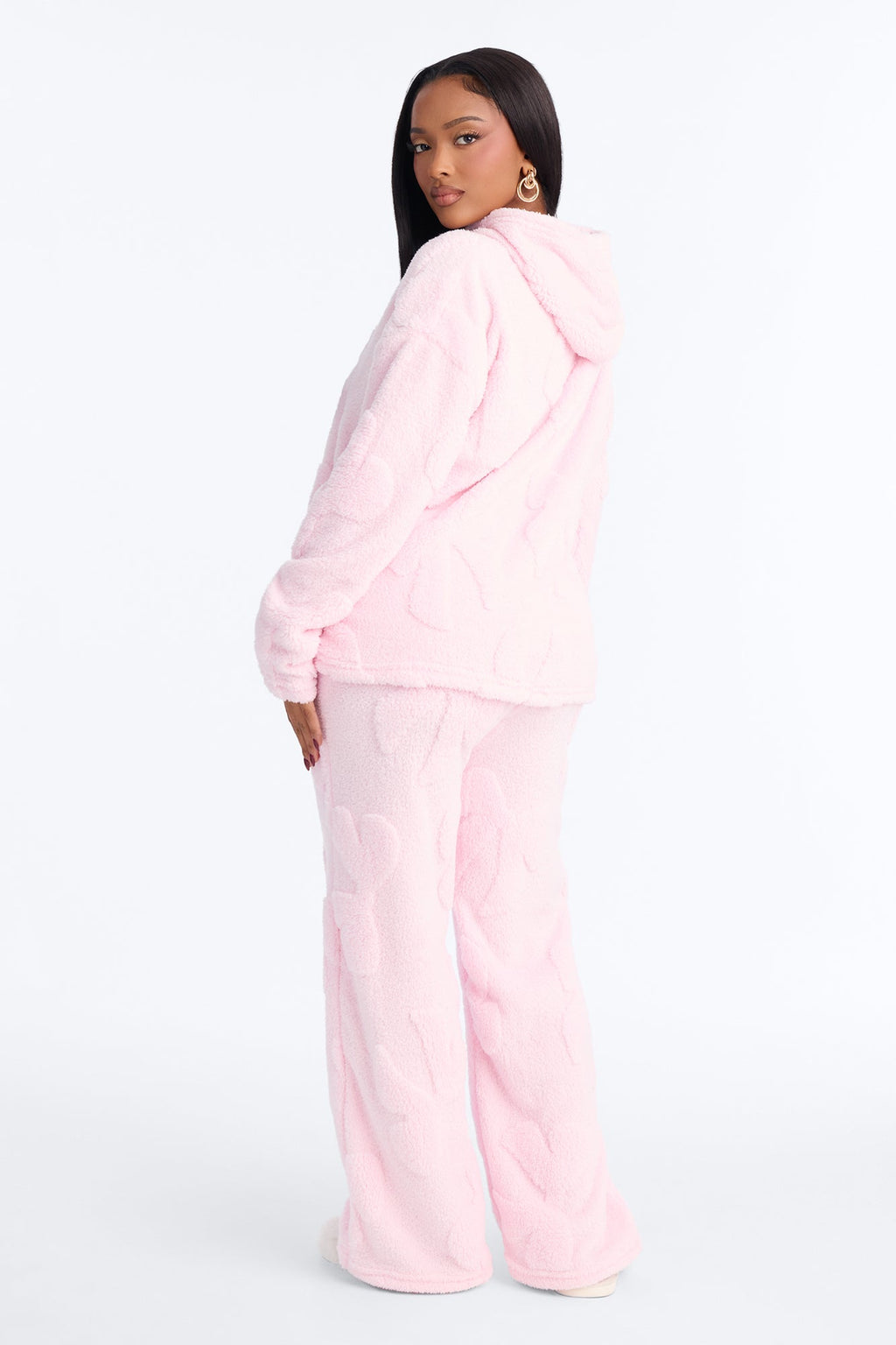 Soft Era Textured Sherpa Hooded PJ Pant Set - Pink