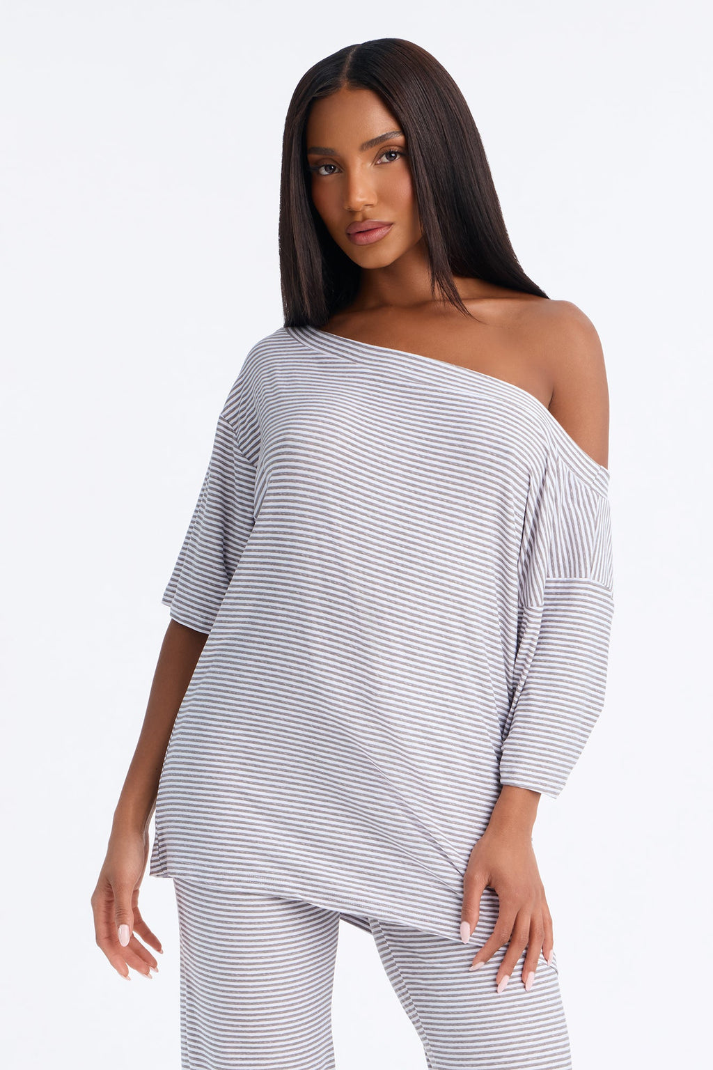 Lights Out Striped Short Sleeve PJ Pant Set - Grey