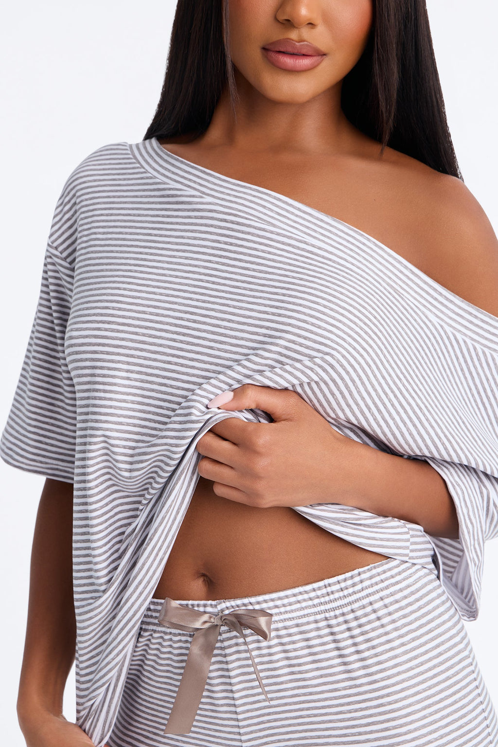 Lights Out Striped Short Sleeve PJ Pant Set - Grey