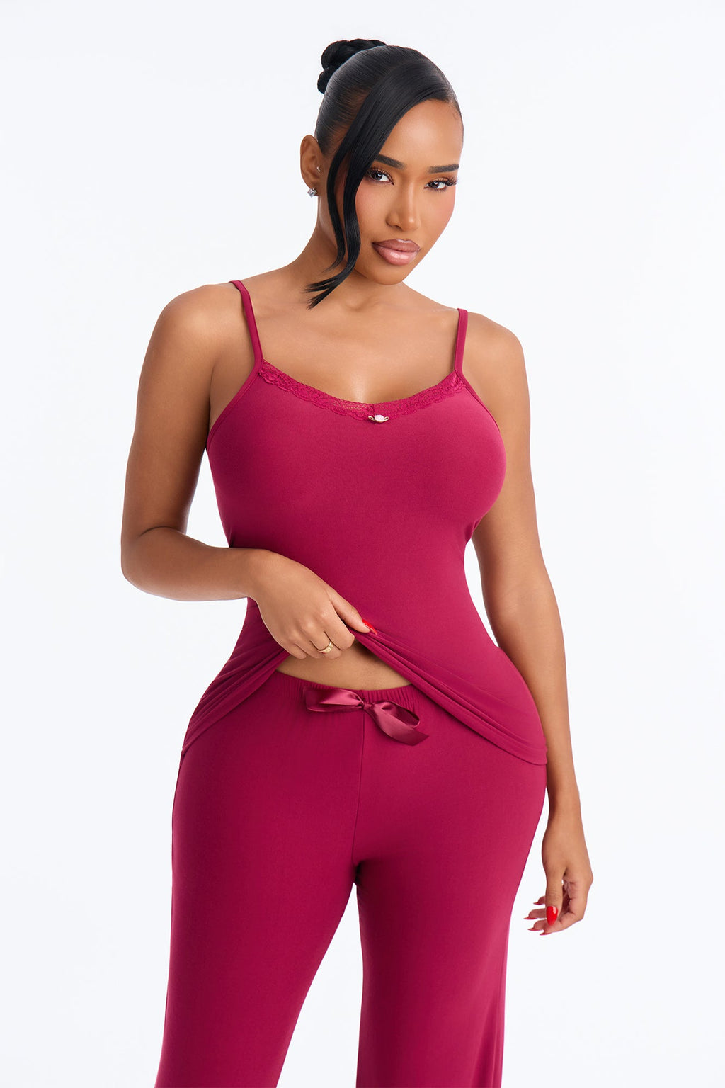 Cozy Up Wide Leg Lace Trim PJ Pant Set - Purple