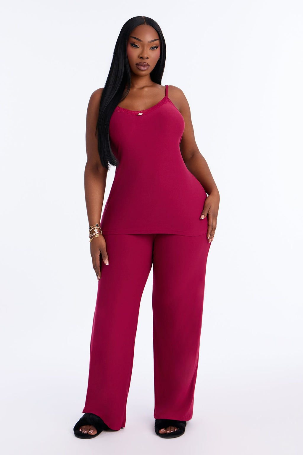 Cozy Up Wide Leg Lace Trim PJ Pant Set - Purple