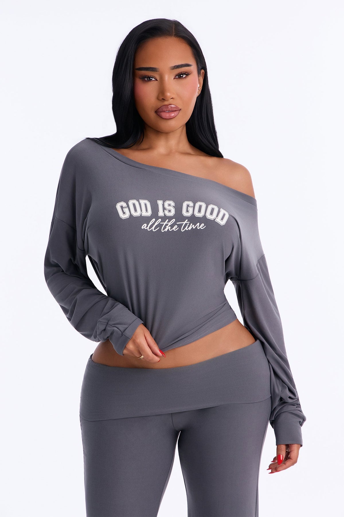 God Is Good Off Shoulder PJ Foldover Pant Set - Charcoal