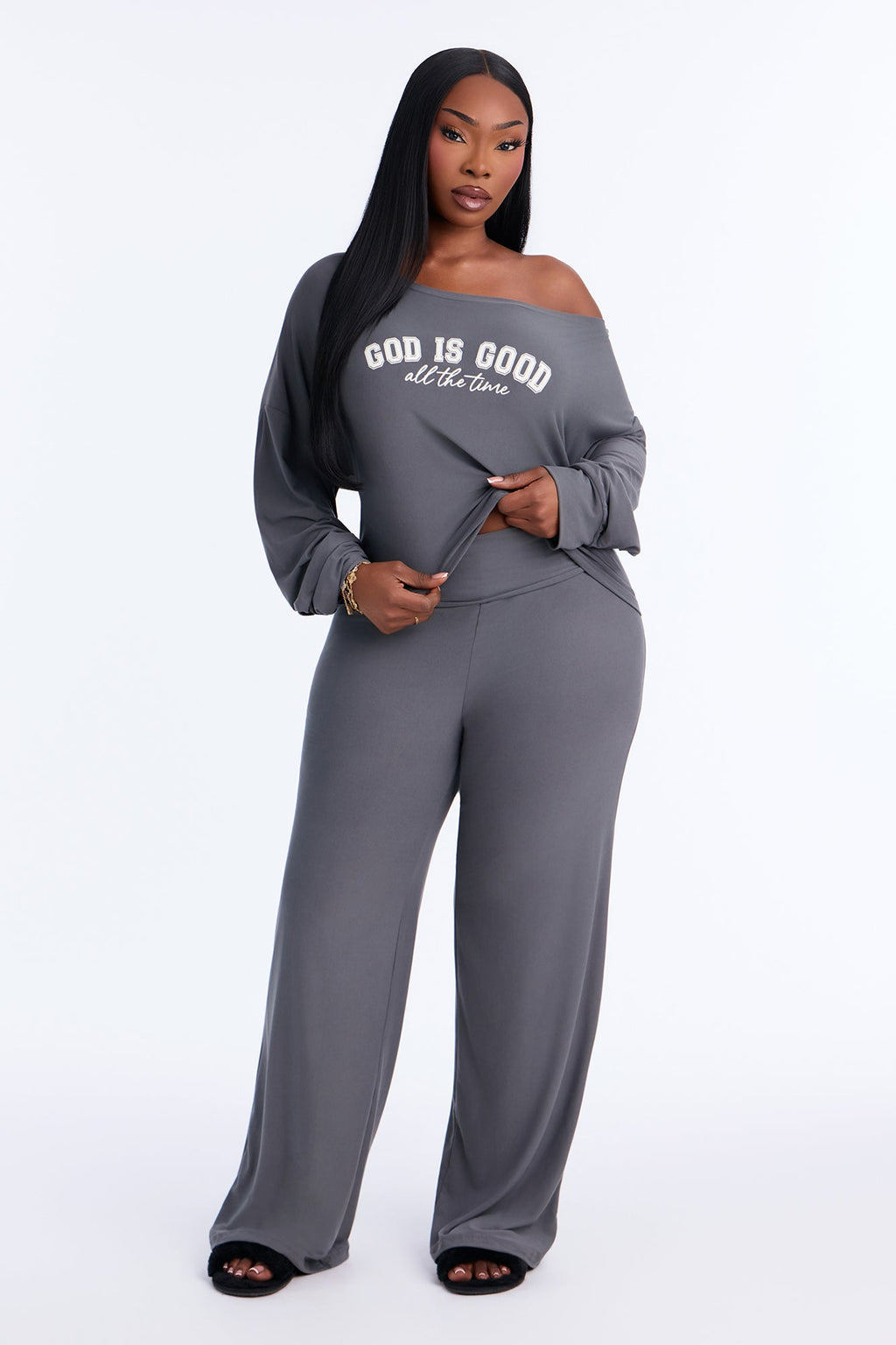 God Is Good Off Shoulder PJ Foldover Pant Set - Charcoal