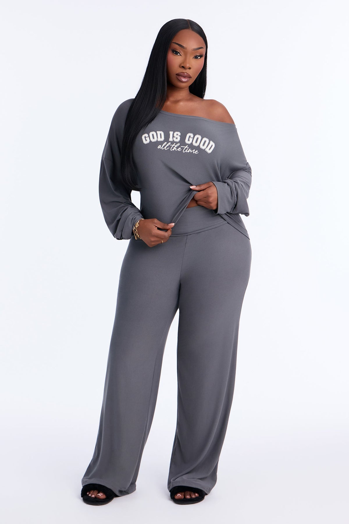 God Is Good Off Shoulder PJ Foldover Pant Set - Charcoal