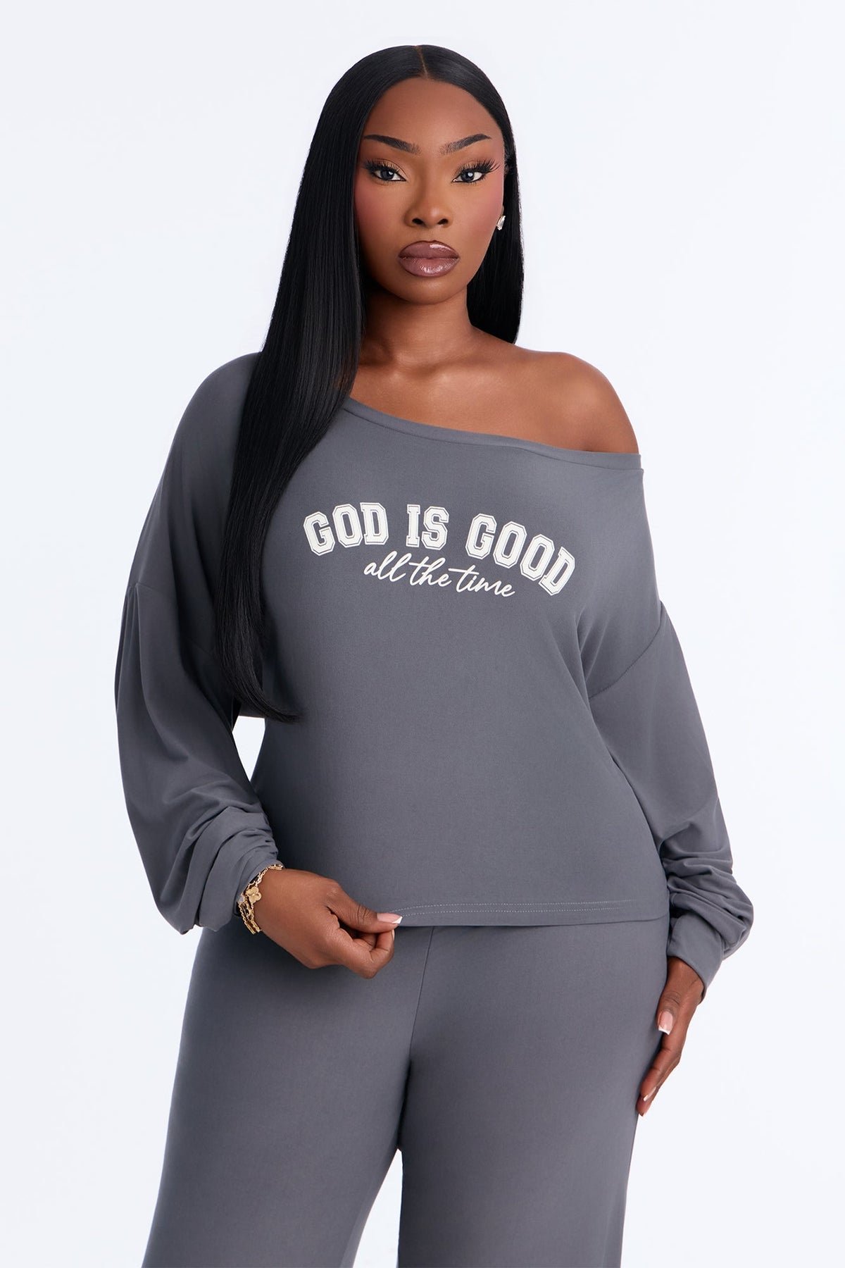 God Is Good Off Shoulder PJ Foldover Pant Set - Charcoal