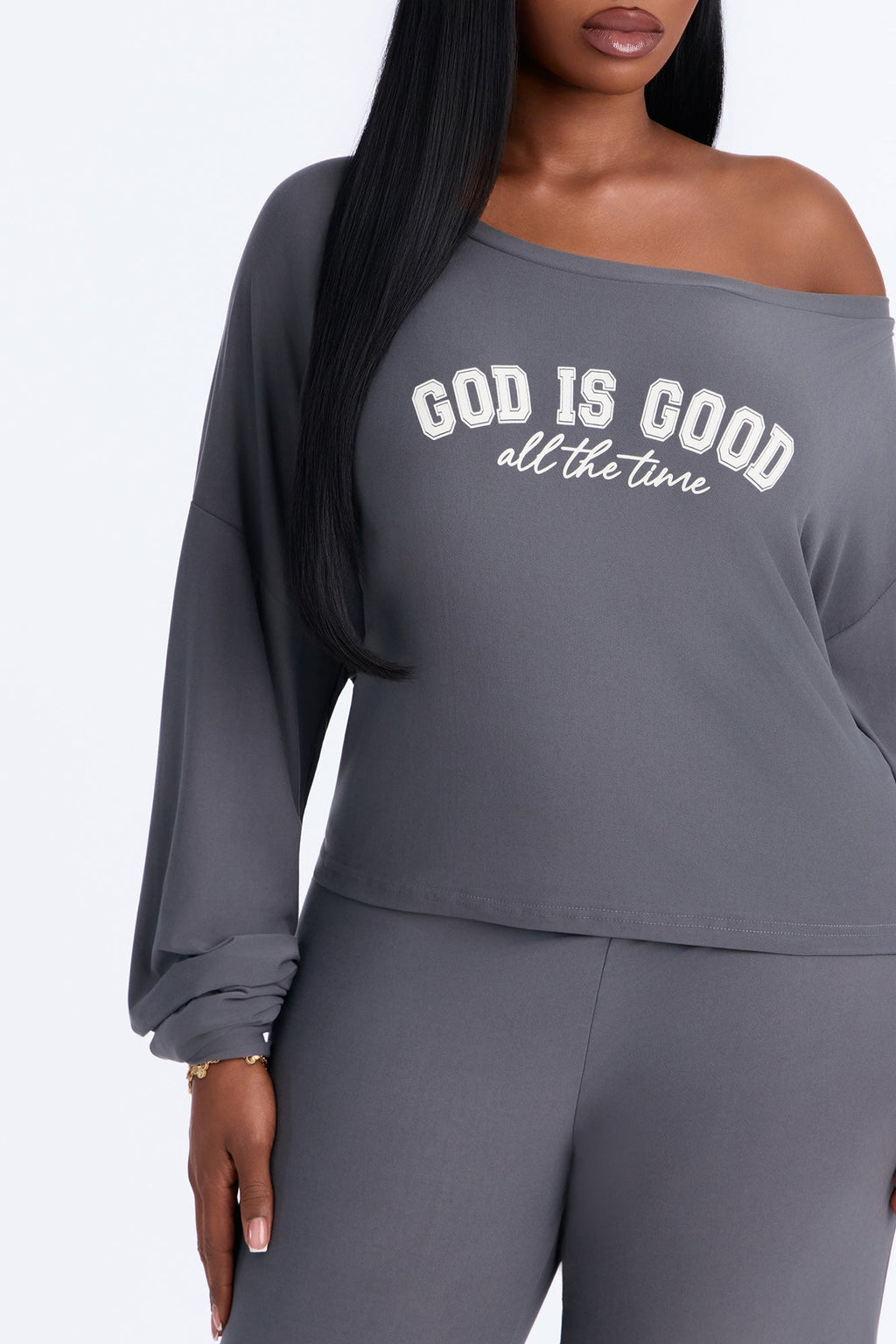God Is Good Off Shoulder PJ Foldover Pant Set - Charcoal