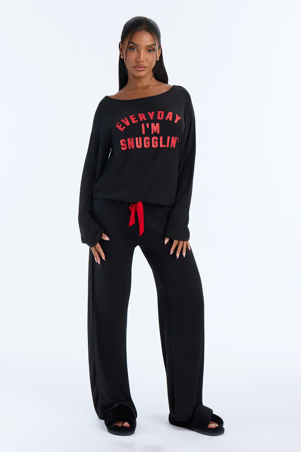 Everyday I'm Snugglin' Contrast Wide Leg PJ Pant Set - Black/Red