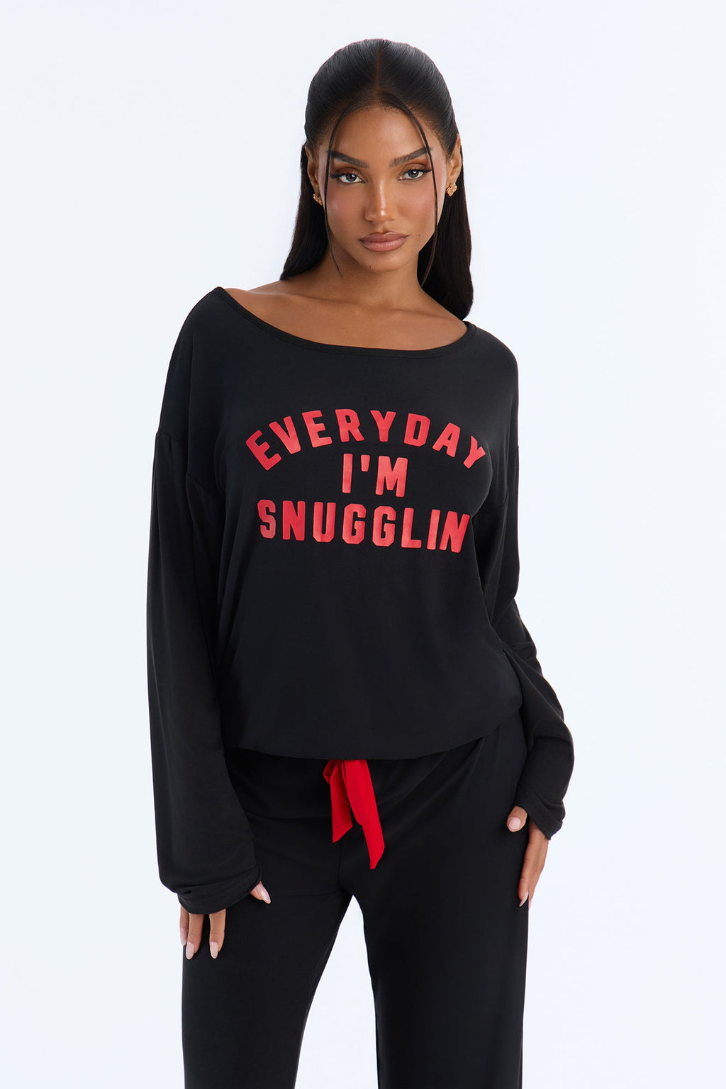 Everyday I'm Snugglin' Contrast Wide Leg PJ Pant Set - Black/Red