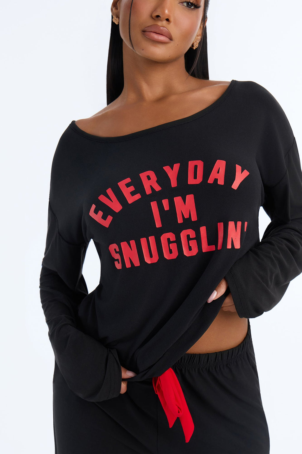 Everyday I'm Snugglin' Contrast Wide Leg PJ Pant Set - Black/Red