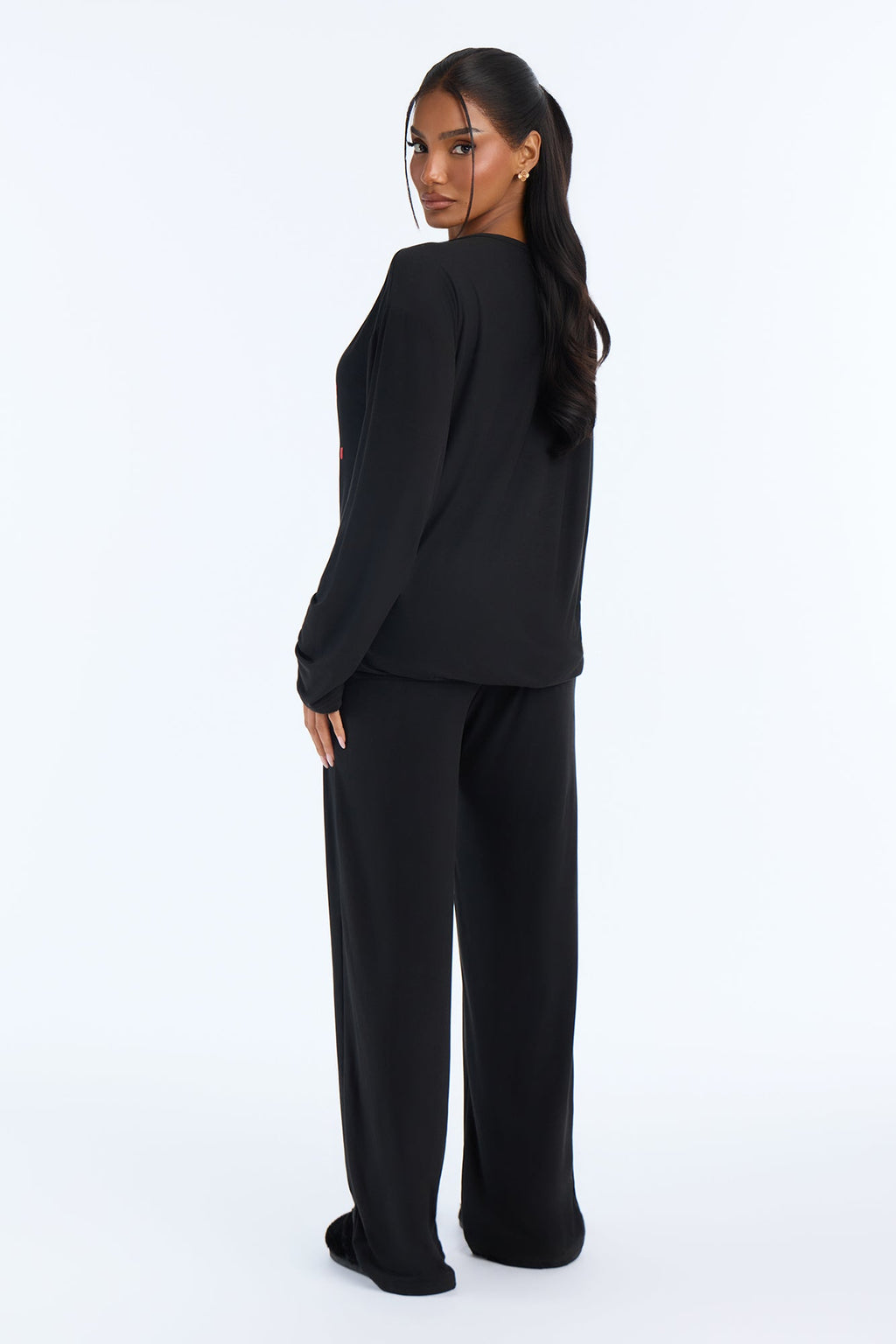 Everyday I'm Snugglin' Contrast Wide Leg PJ Pant Set - Black/Red