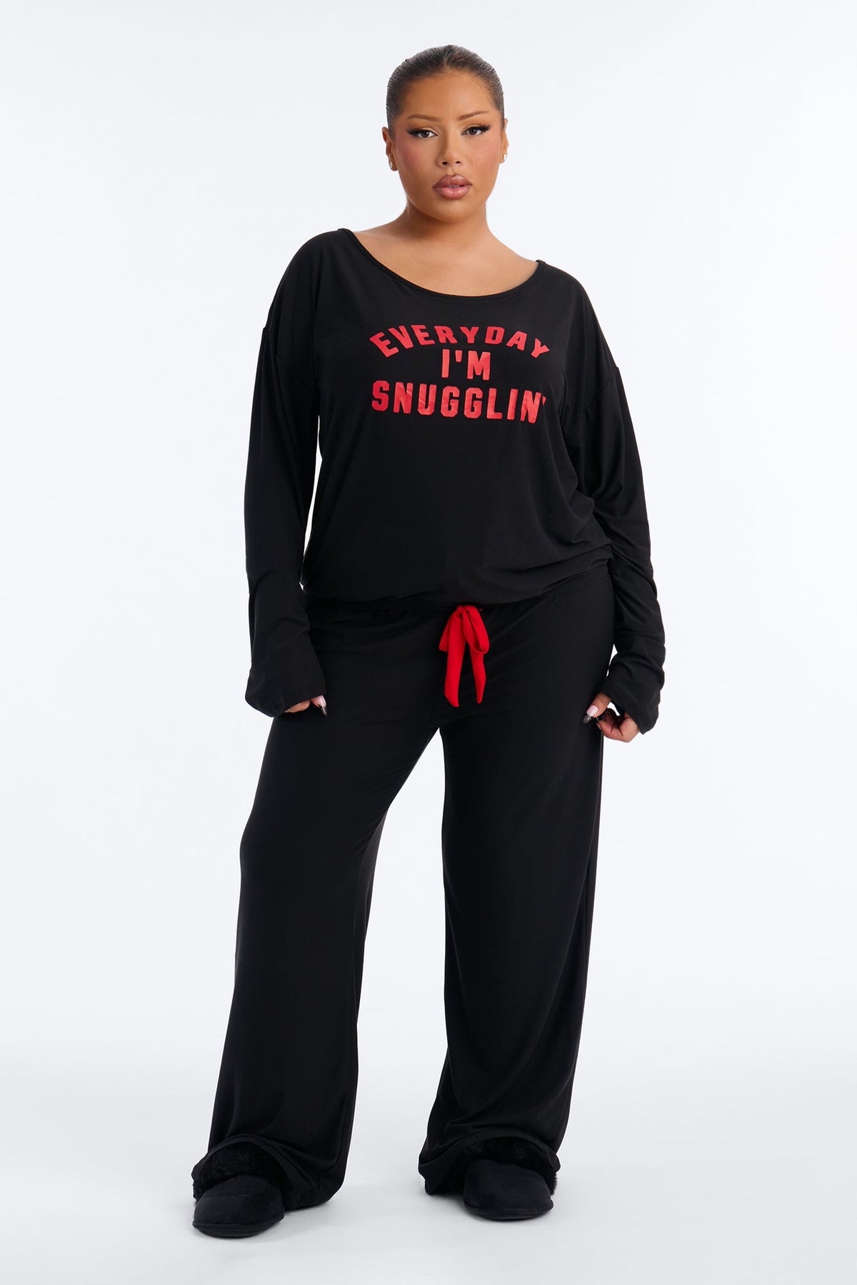 Everyday I'm Snugglin' Contrast Wide Leg PJ Pant Set - Black/Red