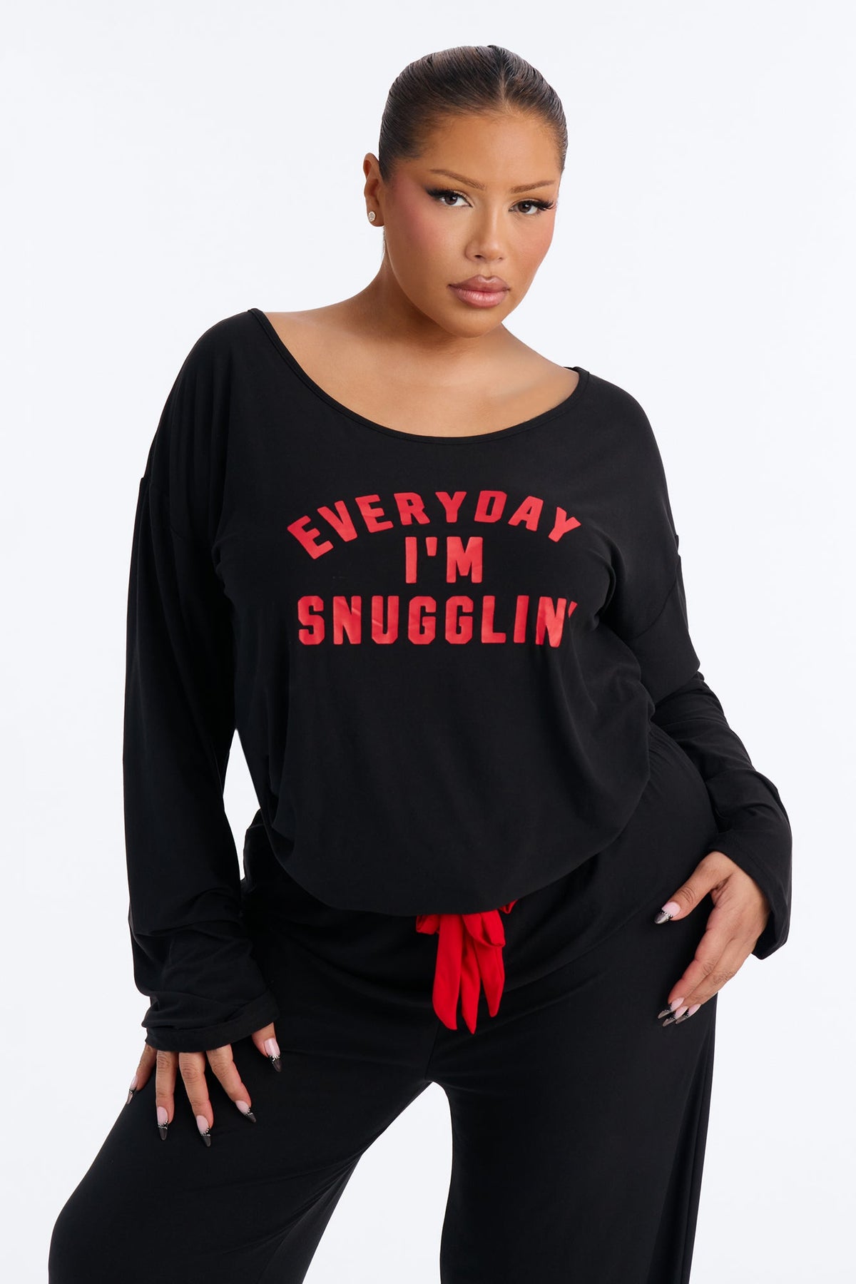 Everyday I'm Snugglin' Contrast Wide Leg PJ Pant Set - Black/Red