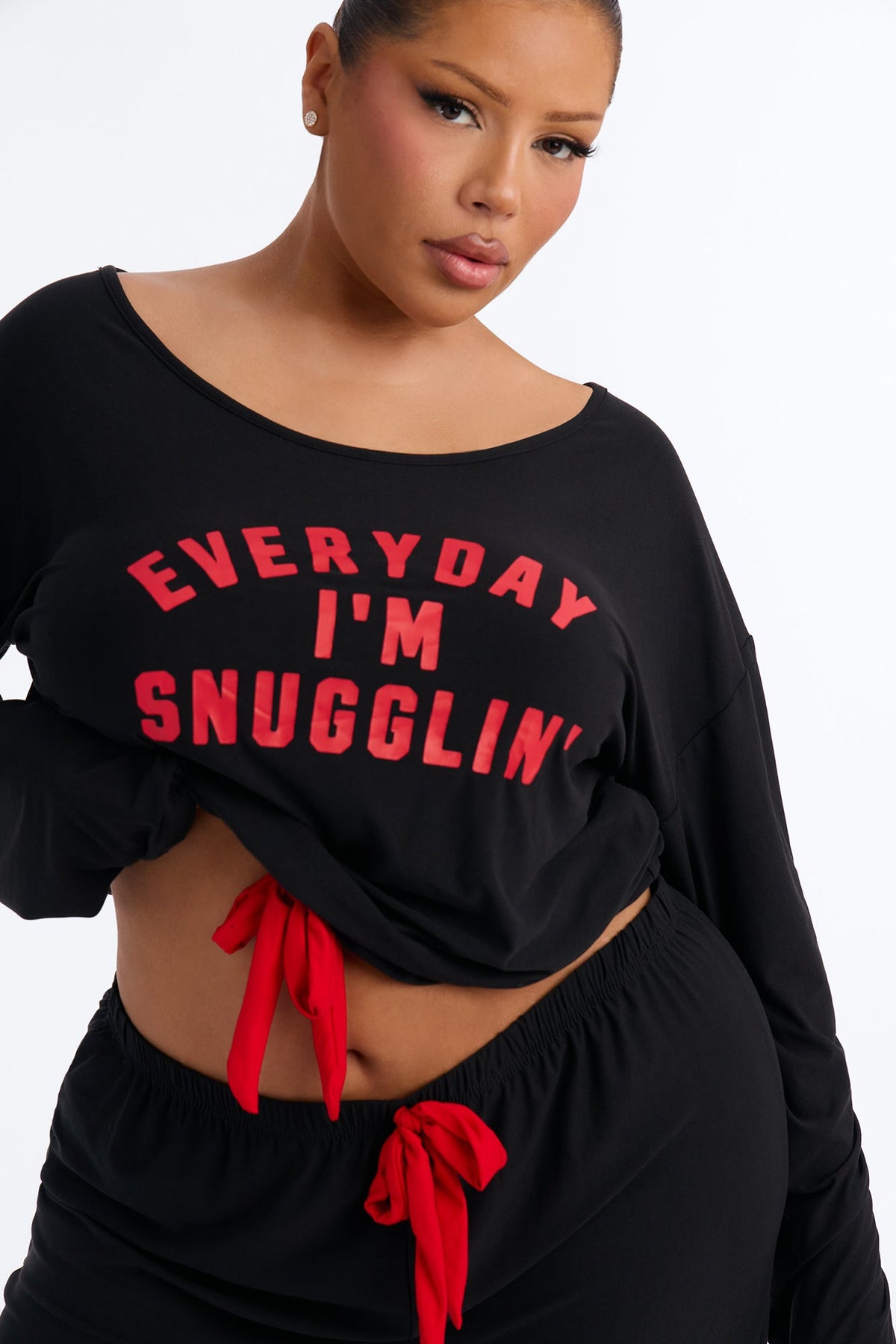 Everyday I'm Snugglin' Contrast Wide Leg PJ Pant Set - Black/Red