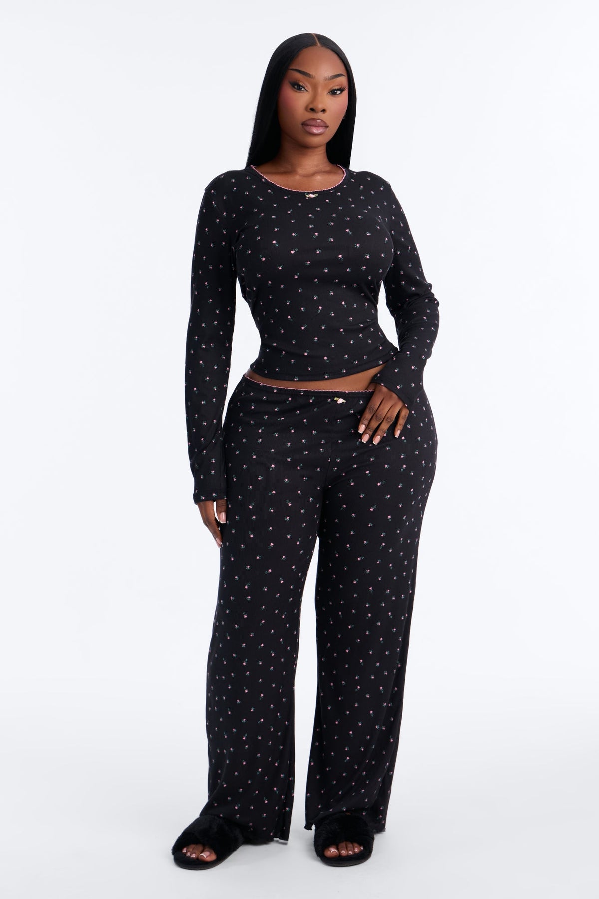 Cozy Dreams Ribbed PJ Pant Set - Black/Pink