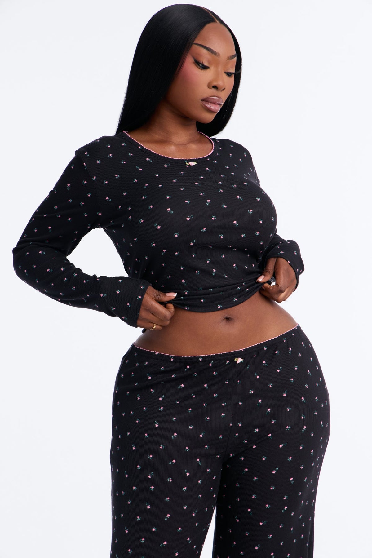 Cozy Dreams Ribbed PJ Pant Set - Black/Pink