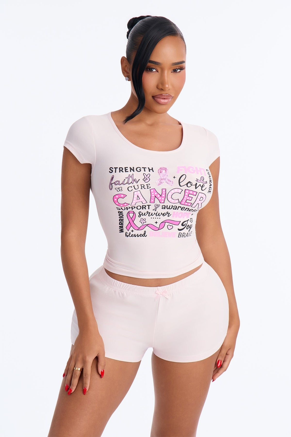 Breast Cancer Awareness Strength To Fight PJ Short Set - Pink/combo
