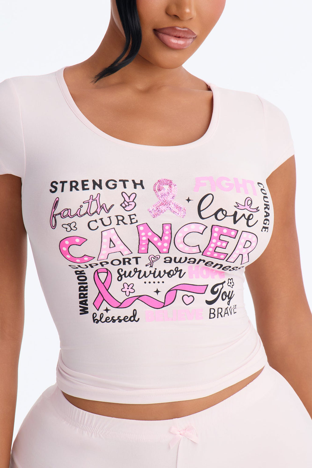 Breast Cancer Awareness Strength To Fight PJ Short Set - Pink/combo