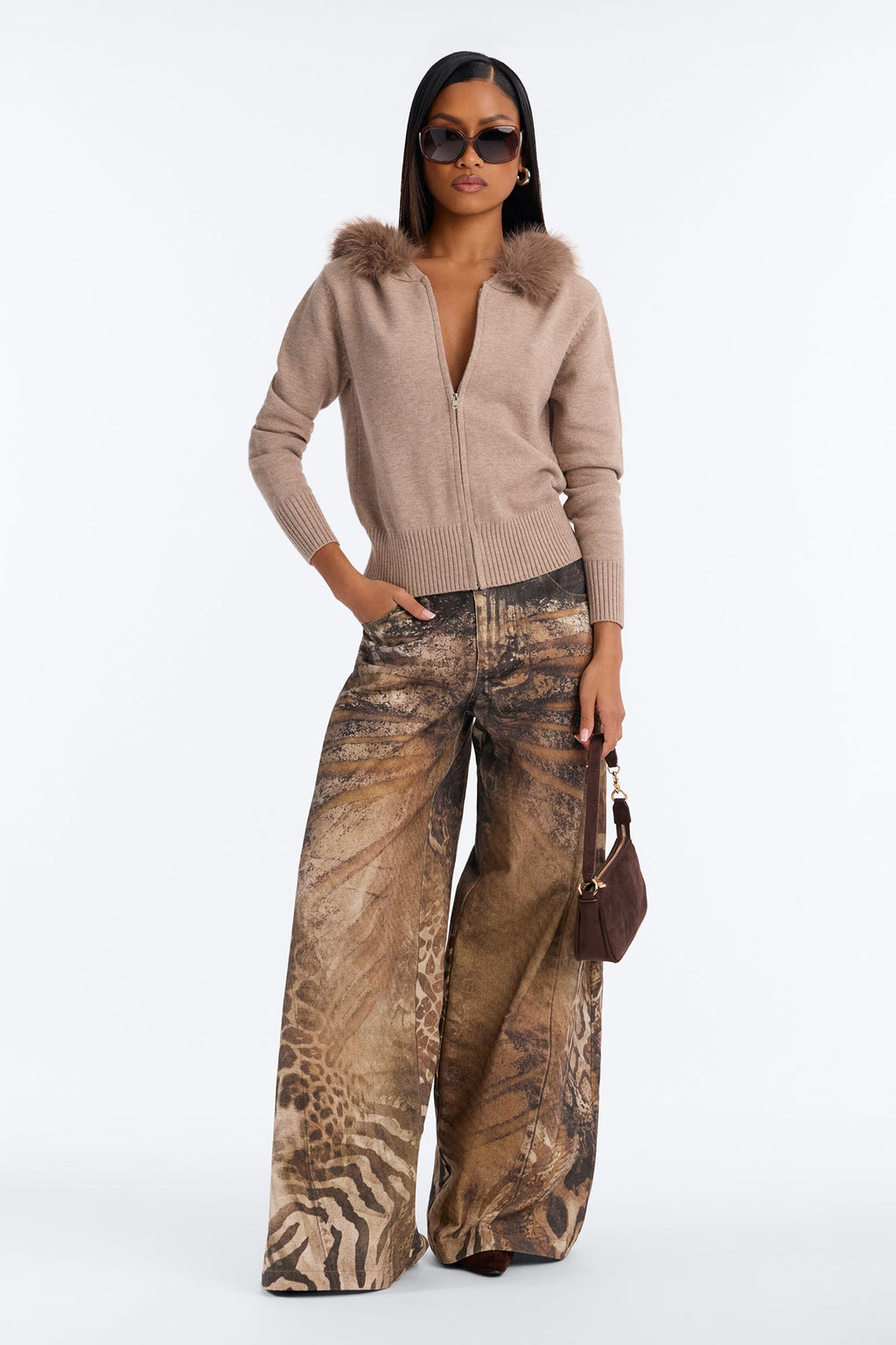 Bella Fur Trim Hooded Zip Up Sweater - Taupe