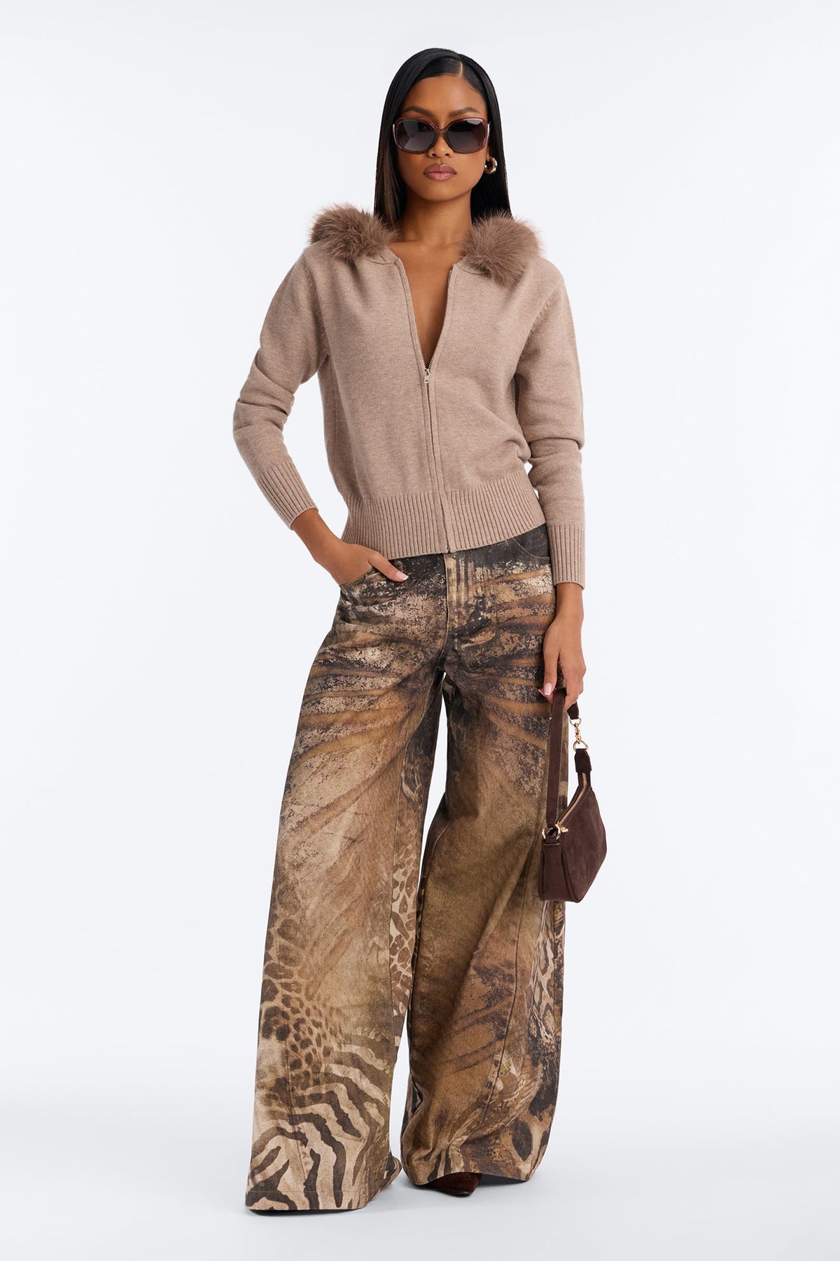 Bella Fur Trim Hooded Zip Up Sweater - Taupe
