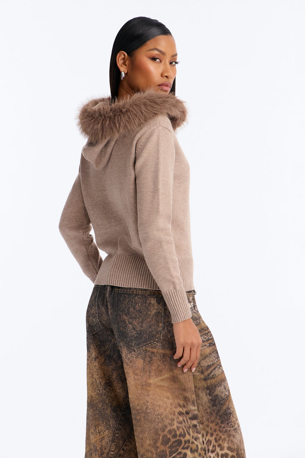 Bella Fur Trim Hooded Zip Up Sweater - Taupe