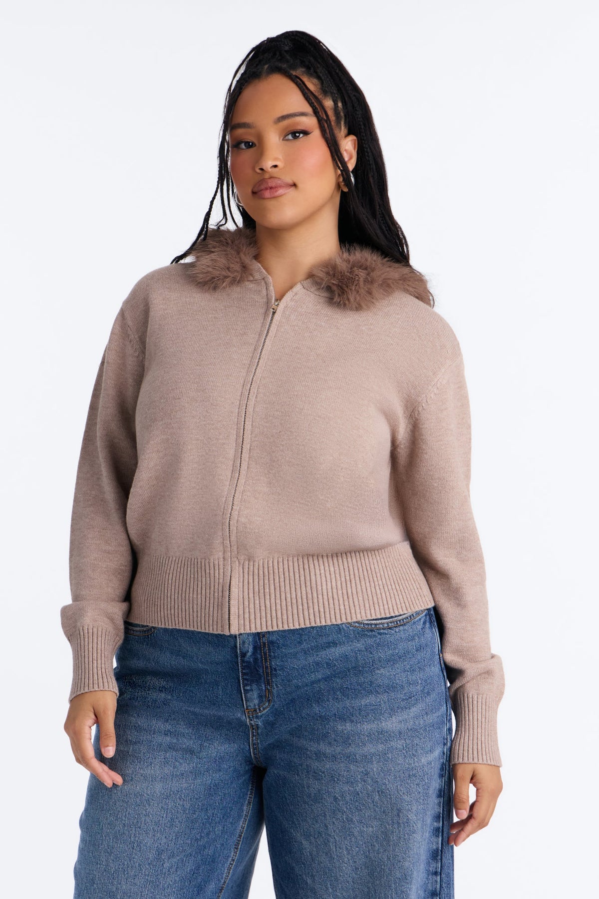 Bella Fur Trim Hooded Zip Up Sweater - Taupe