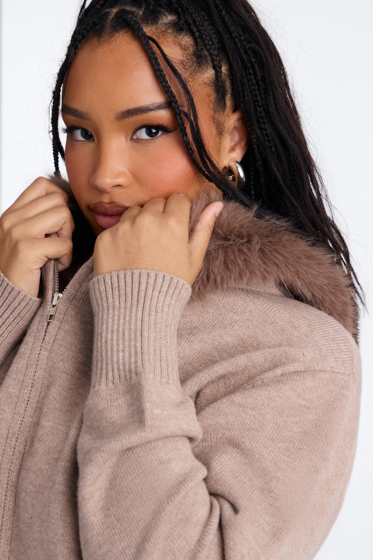 Bella Fur Trim Hooded Zip Up Sweater - Taupe