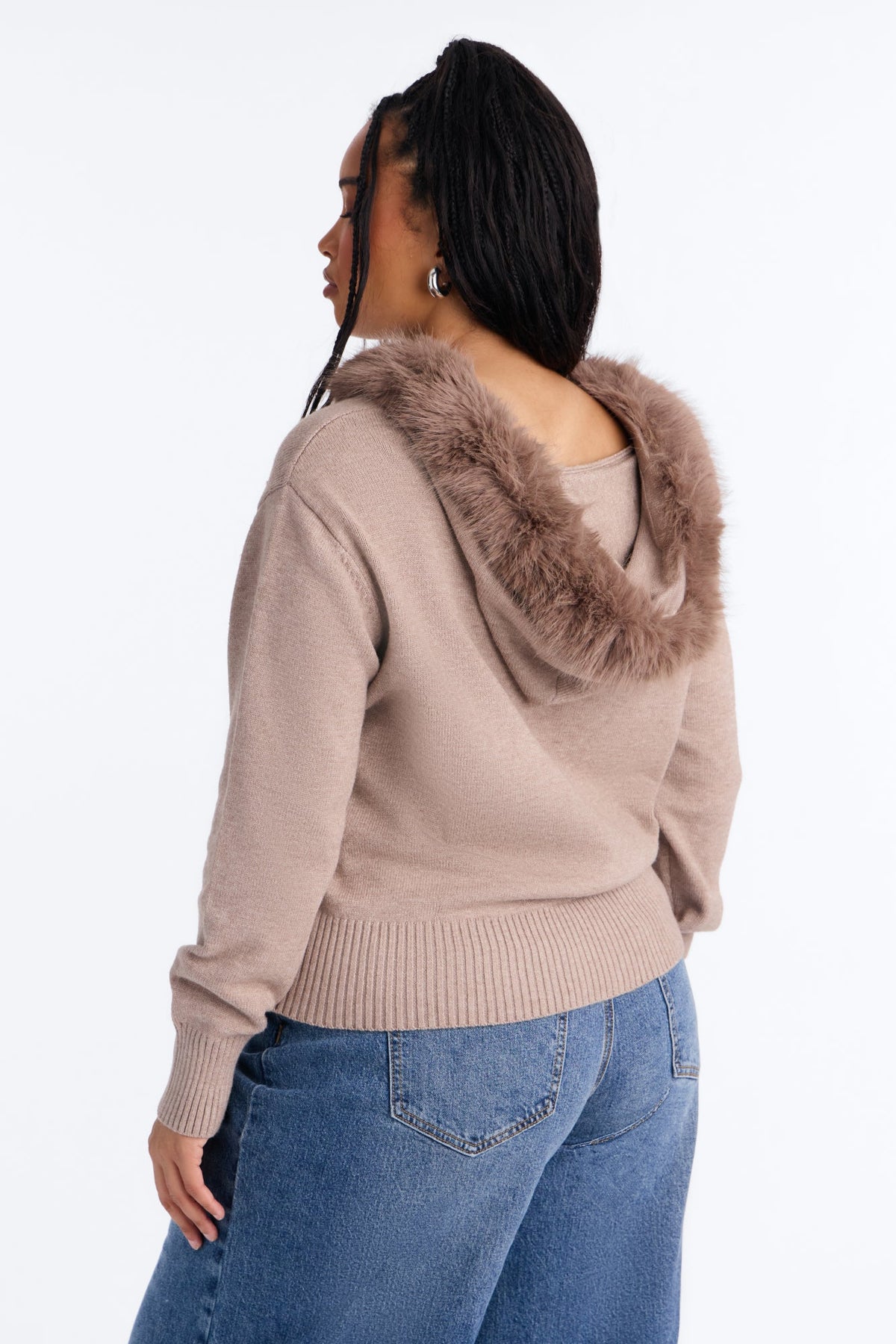 Bella Fur Trim Hooded Zip Up Sweater - Taupe