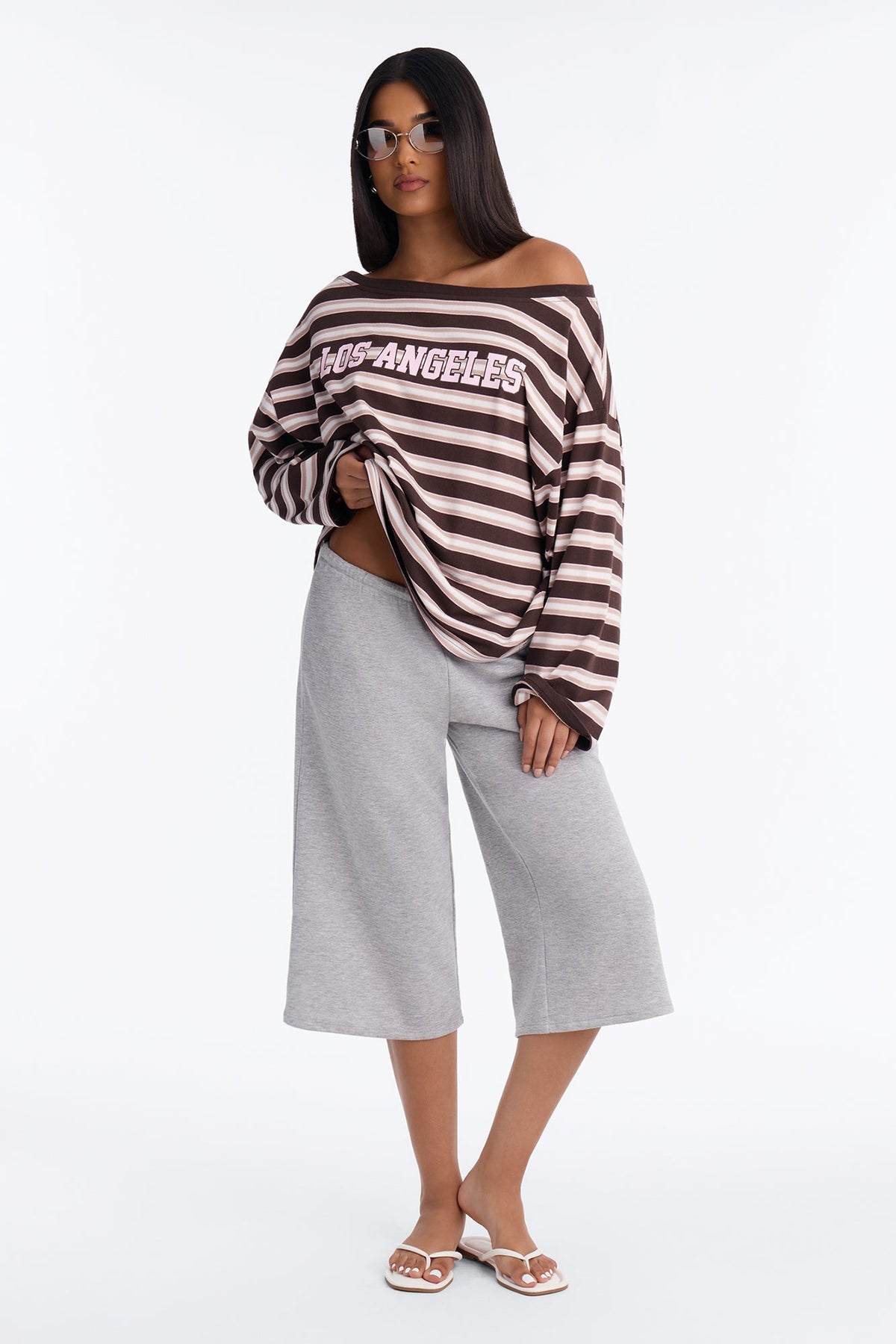 Pacific Coast Drive Striped Off Shoulder Top - Brown