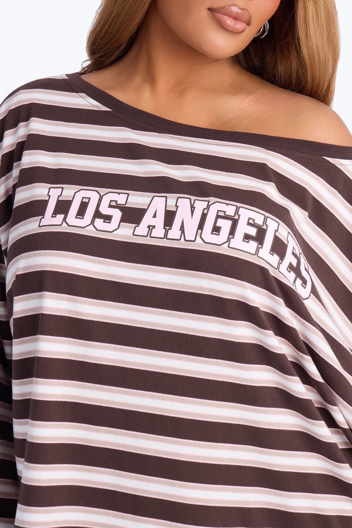 Pacific Coast Drive Striped Off Shoulder Top - Brown