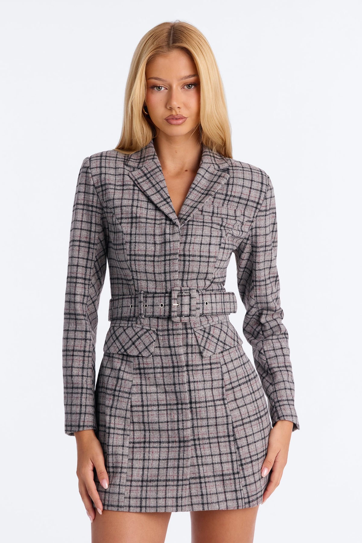 Clocking In Plaid Blazer Mini Dress - Grey