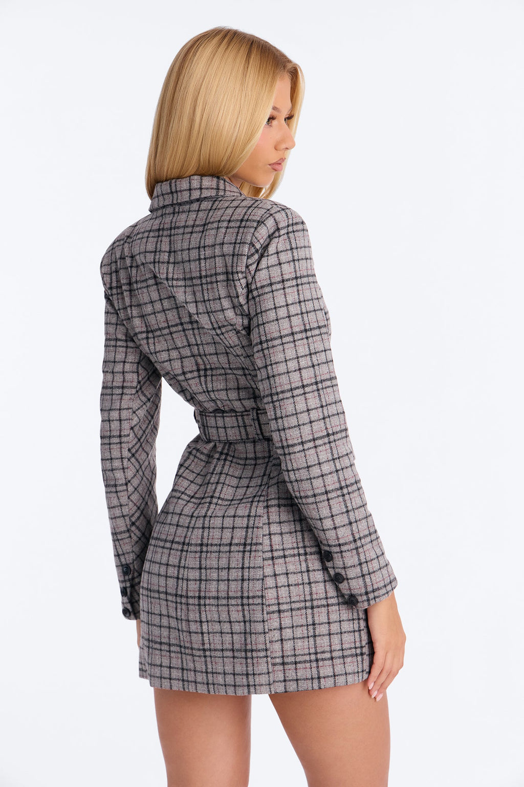 Clocking In Plaid Blazer Mini Dress - Grey