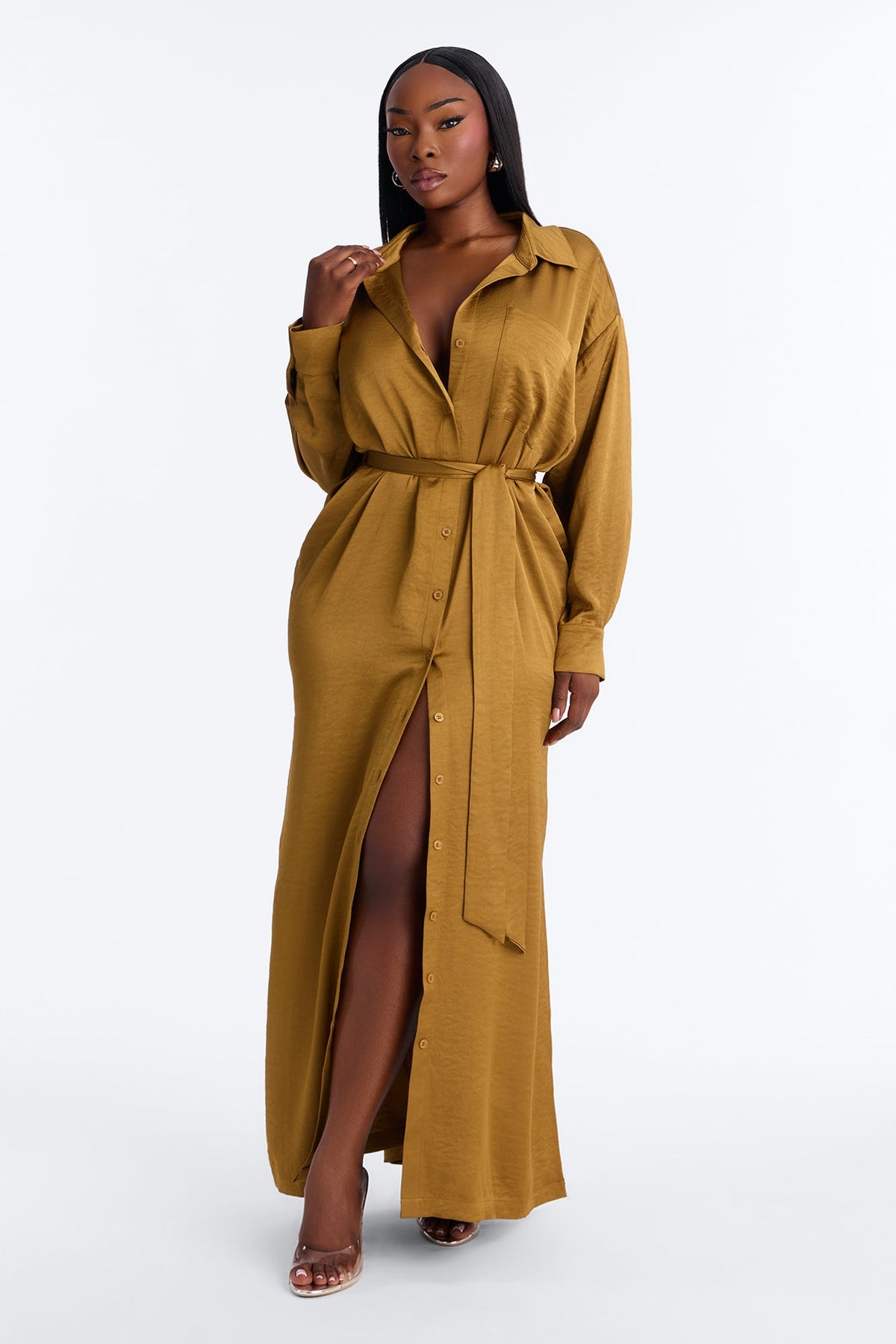 Gigi Satin Button Up Maxi Dress - Olive
