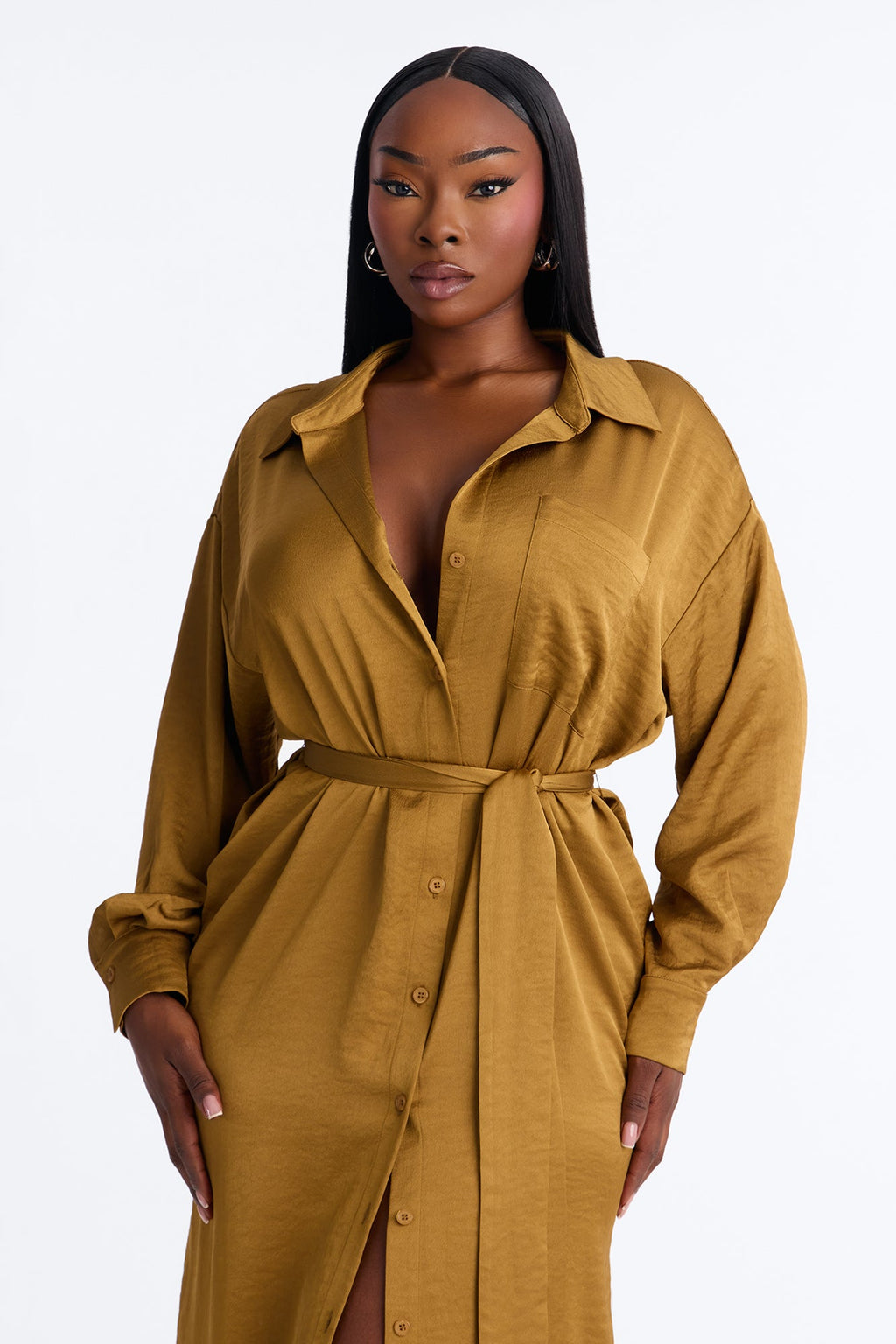 Gigi Satin Button Up Maxi Dress - Olive